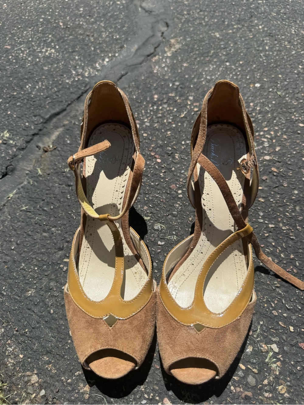Brooks Brothers Brown and Mustard Suede Peep-Toe Ankle-Strap Heels